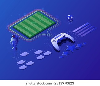 Campo de fútbol, copa, pelota, rejilla de torneo, deportes electrónicos, gamepad. Video Fondo de alto contraste, isometría, juego. Torneo virtual, competencia en línea, rango superior. Anuncio de Plantilla, afiche, medios sociales.