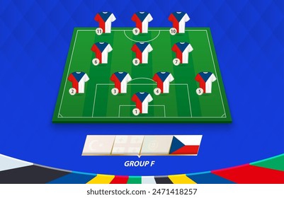 Football field with Czech Republic team lineup for European competition. Soccer players on half football field.