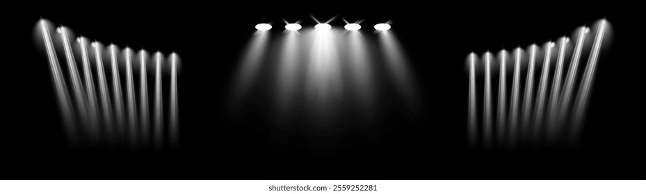 Football field directional light sources, realistic searchlights. Vector isolated set of illumination for stage or performance area. Illuminated studio and arena lamps for show or presentation