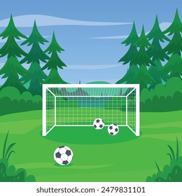 Fußballfeld im Wald mit Tor und Bälle. Vektorillustration.