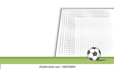 Football field with goalposts. Soccer ball drawing in doodle style. Sport moments for tournament.