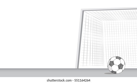 Football field with goalposts. Soccer ball drawing in doodle style. Sport moments for tournament.
