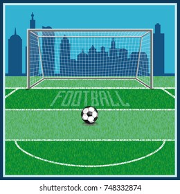 Football field, grass with markings and a gate stand. horizon and sky.