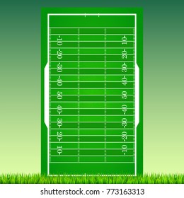 Football field with grass on green backdrop. Background for posters, banner with american football field with markup, top view. 3D illustration, ready for print and design.