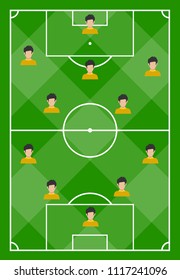 Football field with green grass and with eleven players. Vector illustration
