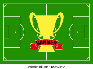 Football field with green grass and with a gold cup with a red ribbon. Vector illustration
