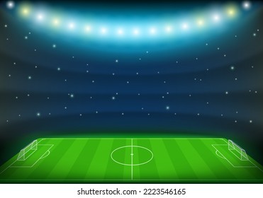 Fußballplatz mit grünem Gras auf dem Stadion. Sportfußball-Hintergrund beleuchtet durch Rampenlicht. Vektorgrafik.