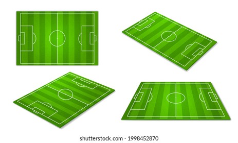 Football field. Green soccer play grounds, different camera angles, perspectives and top view, white lines markup, sports game. Outdoors stadium vector realistic isolated on white set