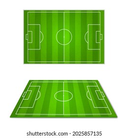 Football field green. Soccer play grounds, different camera angles, perspectives and top view, white lines markup. Outdoors stadium for sports game, vector realistic isolated set