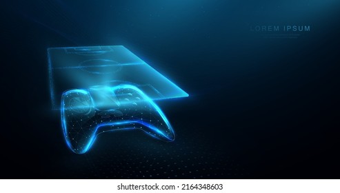 Football field hologram on the joystick. play online soccer ball. Lines, triangles, and particle style designs. geometric wireframe. Vector illustration