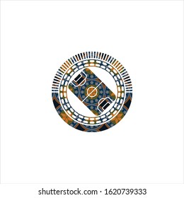 football field icon inside arabic badge background. Arabesque decoration.