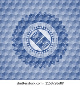 football field icon inside blue emblem with geometric background.