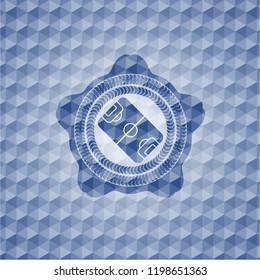 football field icon inside blue badge with geometric background.