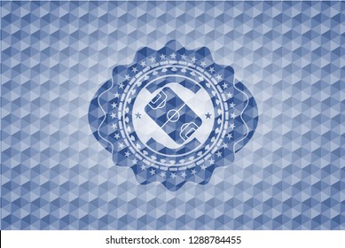 football field icon inside blue badge with geometric pattern.