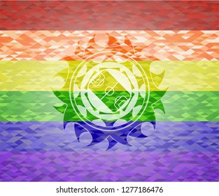 football field icon inside emblem on mosaic background with the colors of the LGBT flag