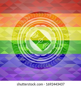 football field icon inside emblem on mosaic background with the colors of the LGBT flag
