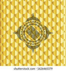 football field icon inside gold badge or emblem. Scales pattern. Vector Illustration. Detailed.