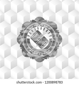 football field icon inside grey badge with geometric cube white background