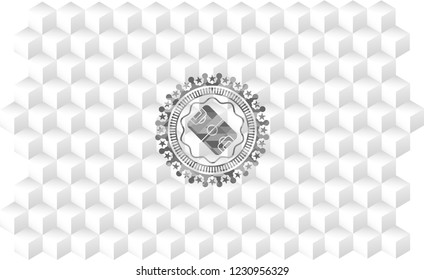 football field icon inside grey badge with geometric cube white background
