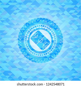 football field icon inside light blue emblem with mosaic ecological style background