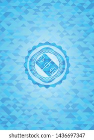 football field icon inside light blue emblem with triangle mosaic background