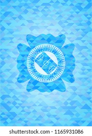 football field icon inside realistic light blue mosaic emblem