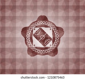 football field icon inside red emblem or badge with abstract geometric pattern background. Seamless.
