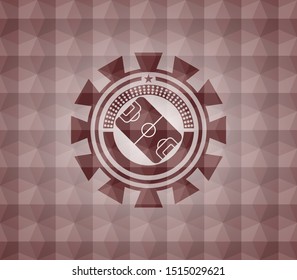 football field icon inside red seamless emblem with geometric background.