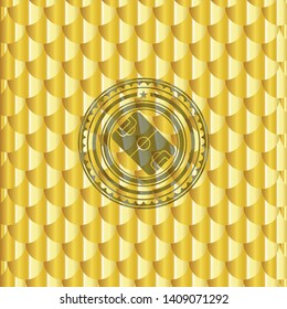 football field icon inside shiny golden emblem. Scales pattern. Vector Illustration. Detailed.