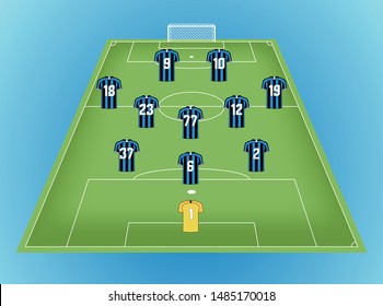 Football Field with Icon Soccer Player and number. Tactics 3-5-2.