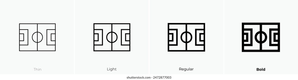 Fußballfeld-Symbol. Dünnes, leichtes Regular- und Bold-Design isoliert auf weißem Hintergrund