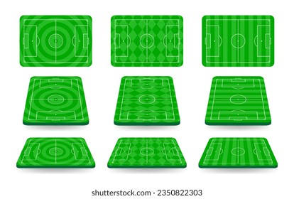 Football field illustration. Football or soccer field set in various angle views. Soccer field illustration isolated on white.