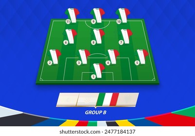 Football field with Italy team lineup for European competition. Soccer players on half football field.