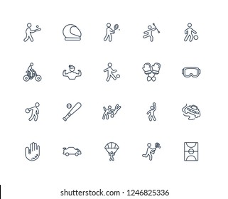 Football field, Lacrosse, Parachute, rallycross, Baseball glove, Basketball, Boxing gloves, aikido, discus throw, bodybuilding, Tennis outline vector icons from 20 set