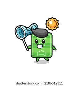 football field mascot illustration is catching butterfly , cute style design for t shirt, sticker, logo element