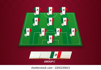 Football field with Mexico team lineup for European competition. Soccer players on half football field.