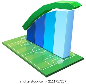 Football field on which bars and a rising statistic curve are laid on white background (cut out)