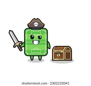 the football field pirate character holding sword beside a treasure box , cute style design for t shirt, sticker, logo element