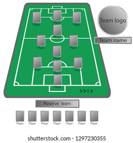 Football field and play plan in the system 3-3-1-3, Spherical team logo with players