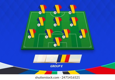 Football field with Romania team lineup for European competition. Soccer players on half football field.