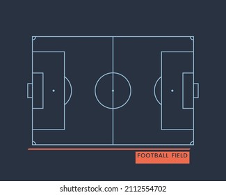 Football field scheme. The scheme of a European football field is isolated on a dark background. Flat vector illustration of a soccer field.