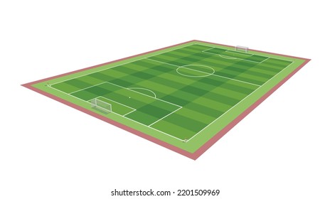 Campo de fútbol visto en perspectiva y césped a cuadros, ilustración vectorial aislada en fondo blanco