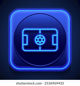 Football field simple icon vector. Flat design. Blue neon style on button. With shadow.ai