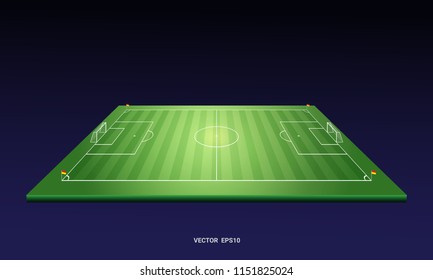 Football field or soccer field 3D aerial perspective with flags and goals on blue background vector EPS10