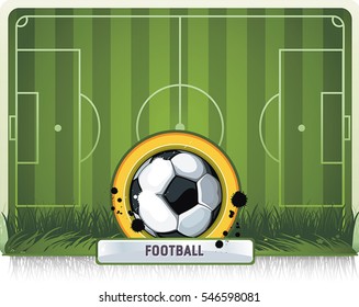 Football field with soccer ball on green grass. Vector illustration in vintage style. Abstract poster for sport design. Beautiful illustration with place for your text, eps8