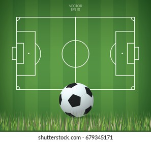 Football field or soccer field and soccer ball. Vector green grass court for create game.