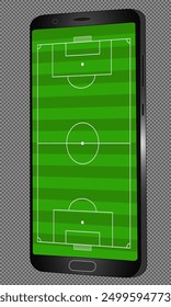 Football field. Soccer field on screen phone. White marking lines. Vector Illustration EPS10.