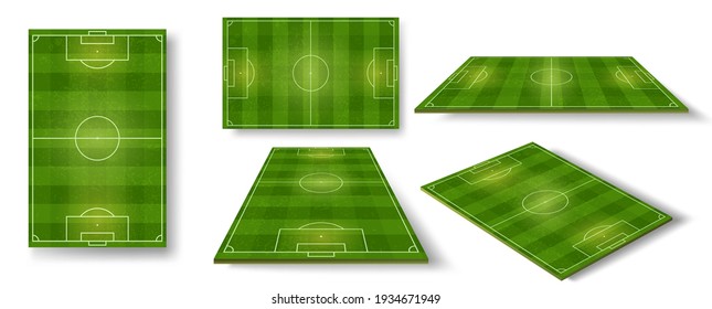 Football field. Soccer pitch scheme top, side and perspective view. Realistic european football court or stadium with green grass vector set