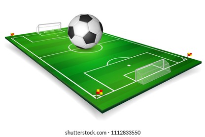 Football field, soccer field set with football ball. Perspective vector illustration. EPS 10.