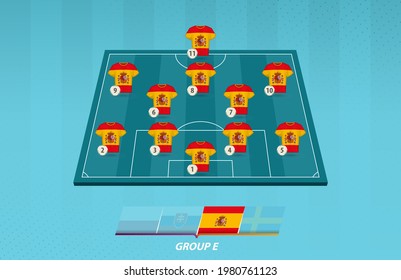 Football field with Spain team lineup for European competition. Soccer players on half football field.